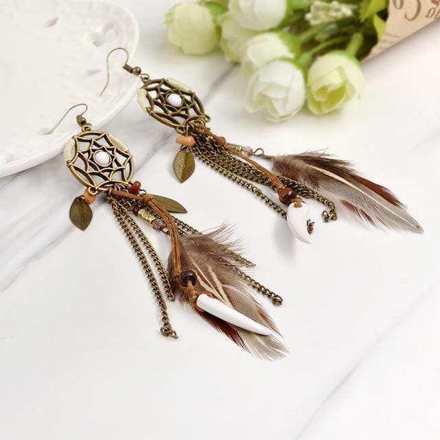 Silver Tone Feather Dream Catcher Earrings With Turquoise Accents -  Approximately 3.5