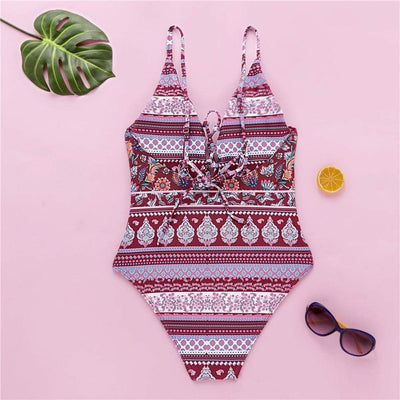 Ethnic Print Backless Boho One-piece Swimsuit - wickedafstore