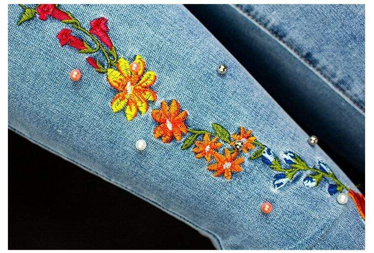 WickedAF Floral Embroidery Flare Jeans Blue / L
