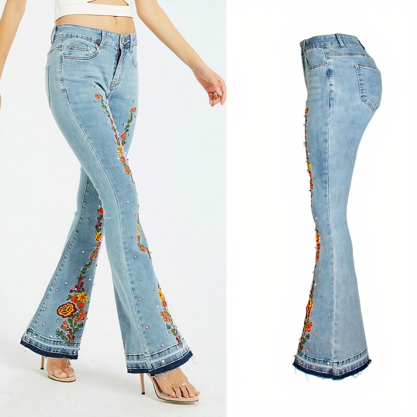 Yiwvw Women Embroidery Destoryed Flare Jeans Button Waist Bell Bottom Denim  Pants 