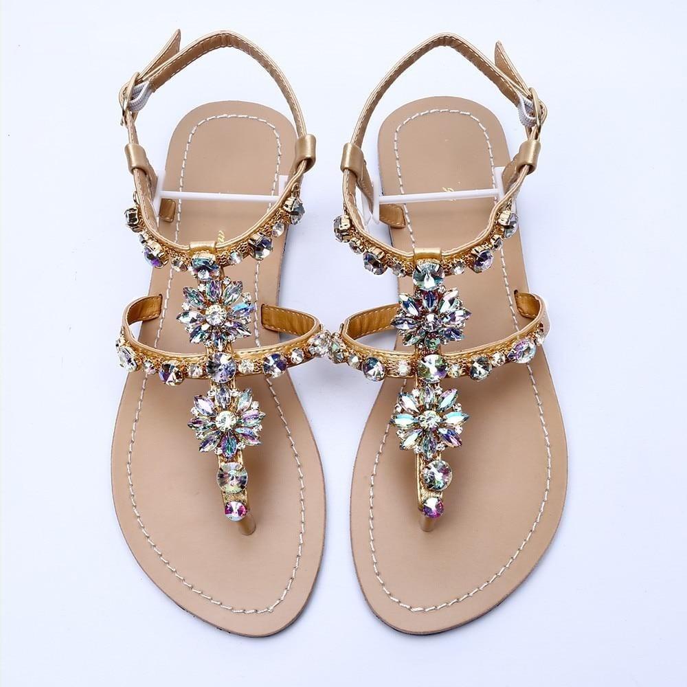 WickedAF Gold / 5 Rhinestones Embellished Flat Sandals