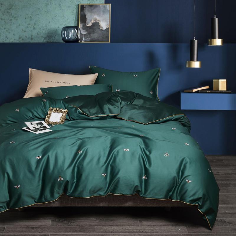 WickedAF Green / Fitted Bed Sheet / US King Size 4pcs set Emerald Bee Duvet Cover Set (Egyptian Cotton)
