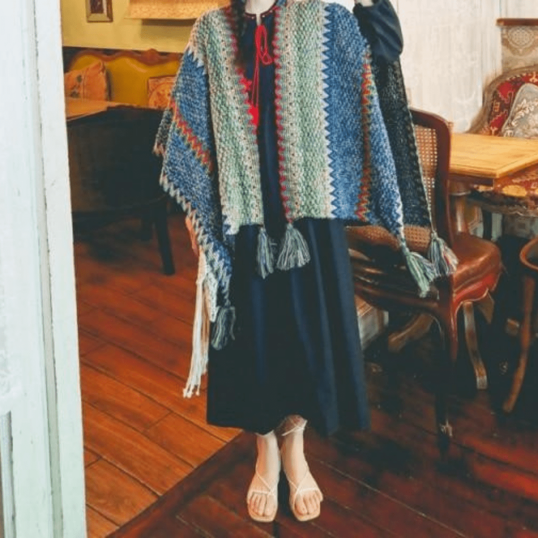 WickedAF Green / One Size Multicolored Knitted Poncho Cape