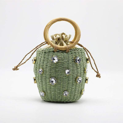 WickedAF Green Rhinestones Embellished Handmade Bucket Bag