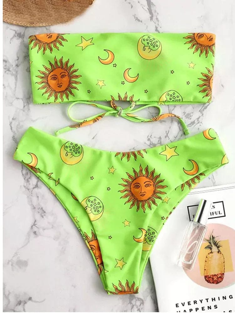 WickedAF Green / S Sun and Moon Print Bikini Set