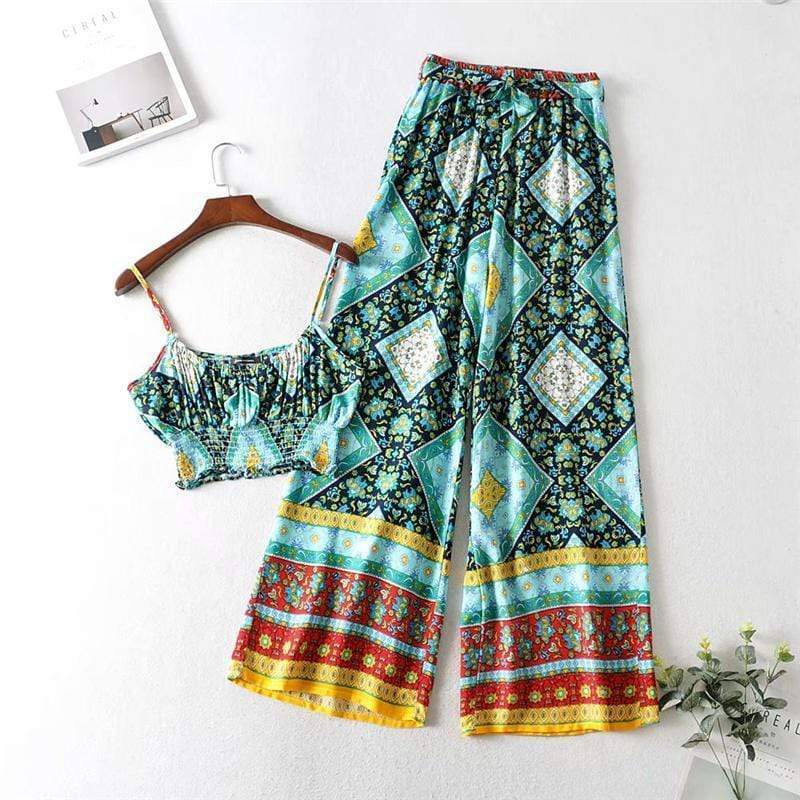 Green Tribal Print Shirred Cami Top & Belted Trousers