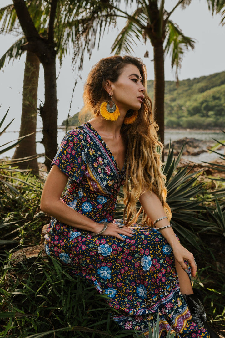 boho wrap maxi dress Wrap Around Maxi Dress in Floral Print | Green Maxi Dress | Gray-purple Bohemian  Long Kaftan With Bell Sleeves | Deep V Neck Maternity| Rave