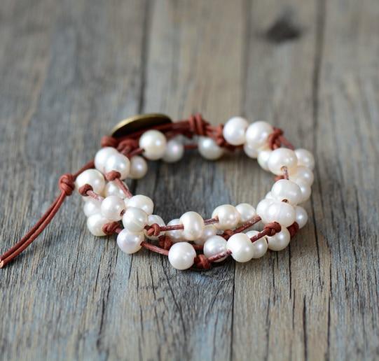 Natural Genuine Freshwater White Pearl Leather Wrap Bracelet