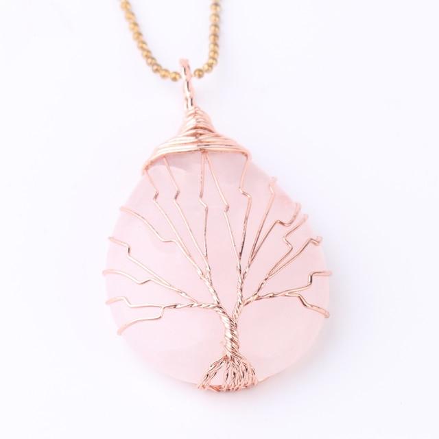 WickedAF necklace Rose Quartz Tree Of Life Wire Wrapped Crystal Necklace
