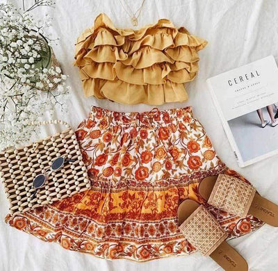 Orange Floral Print Summer Skirt - wickedafstore