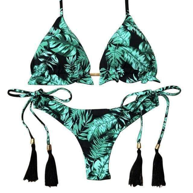 WickedAF Palm Leaf Print Tassel Bikini Set
