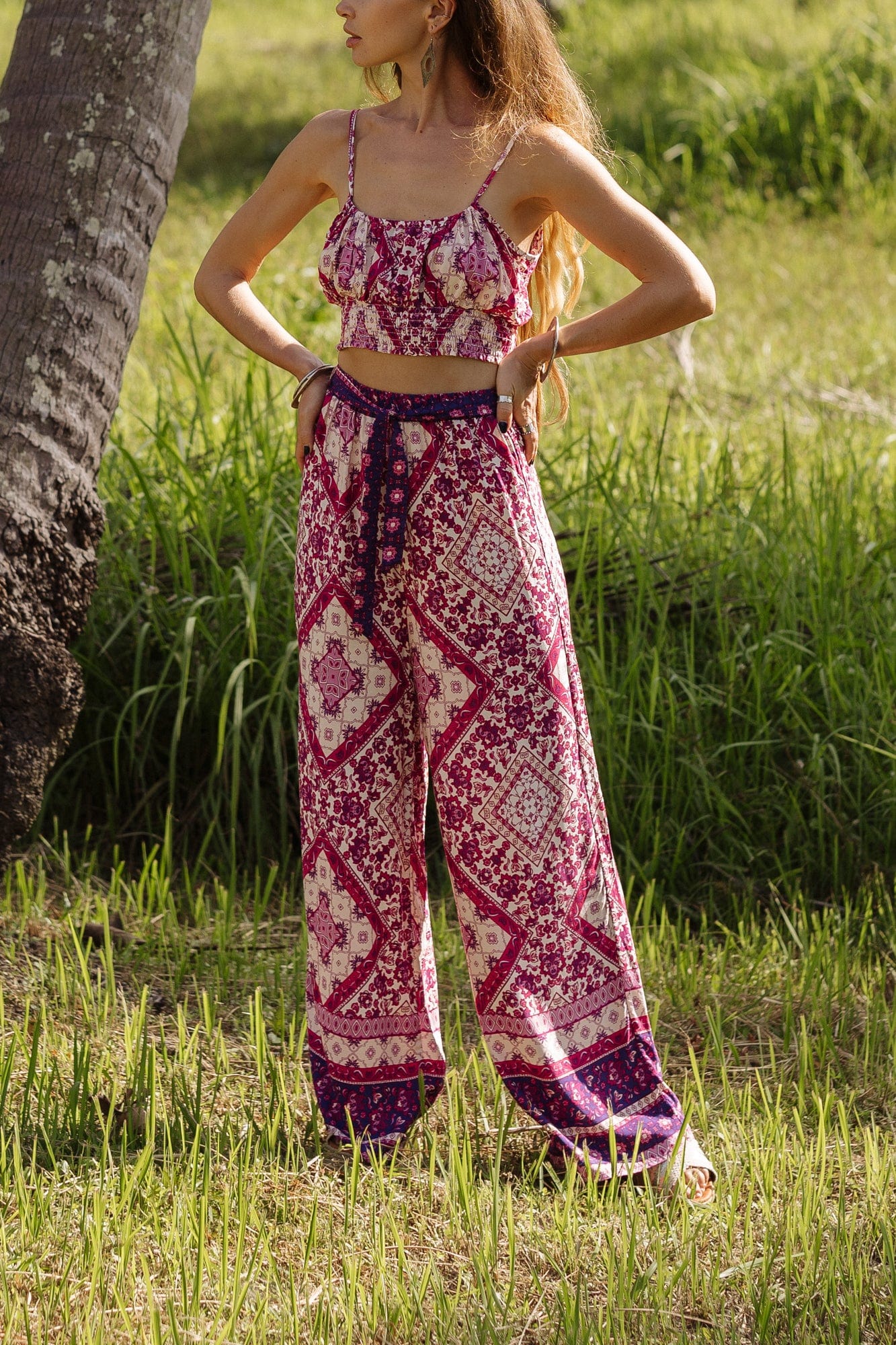 WickedAF Pink Tribal Print Shirred Cami Top & Belted Trousers