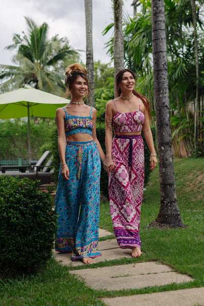 WickedAF Pink Tribal Print Shirred Cami Top & Belted Trousers