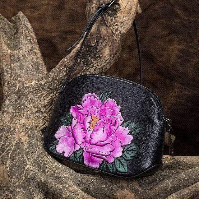 Embossed Flower Leather Crossbody Bag