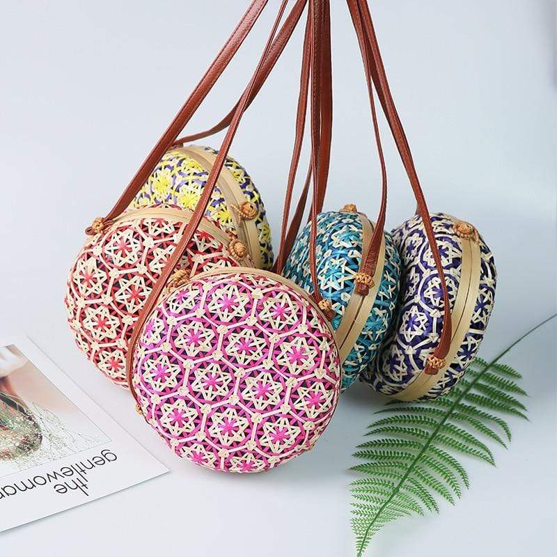 WickedAF Round Colorful Flower Pattern Rattan Bag