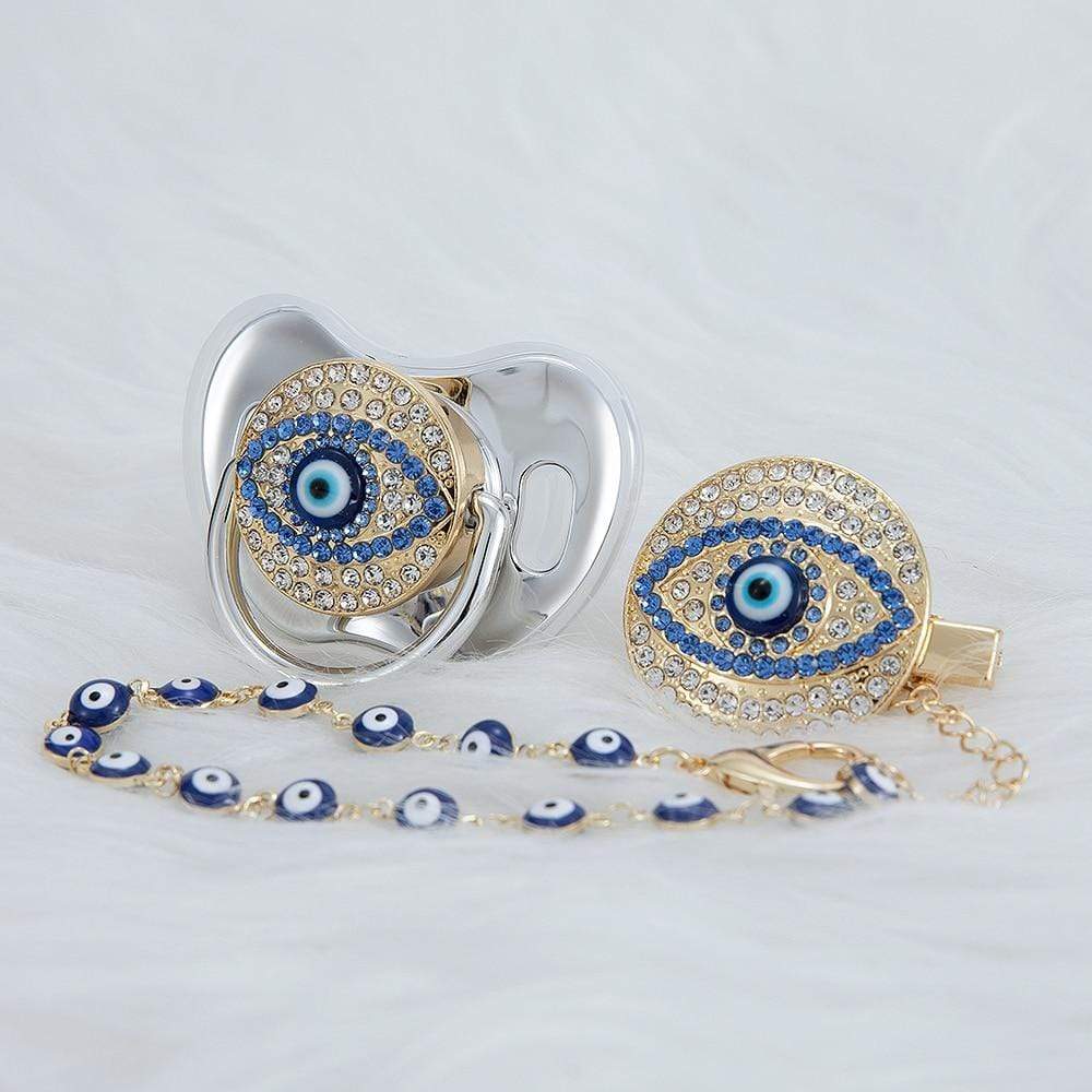 WickedAF Silver 6-18M Evil Eye Pacifier and Clip Set