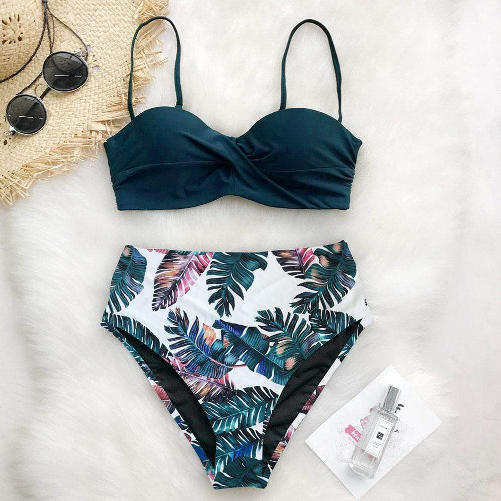 Tropical Palms Twist-Front High-Waisted Bikini Set