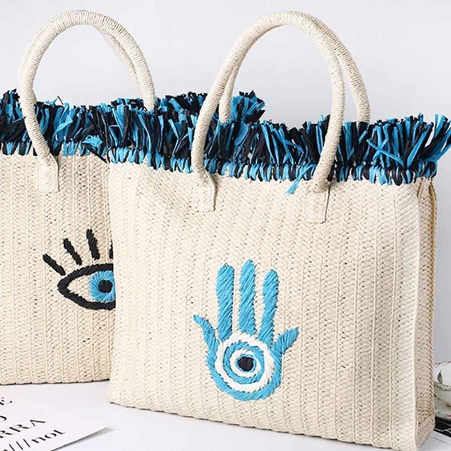 WickedAF White Evil Eye Hand Design Straw Tote Bag