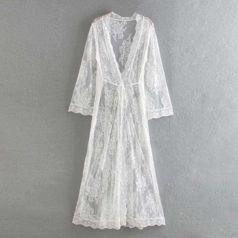 WickedAF White / One Size Boho Lace Floor Length Kimono
