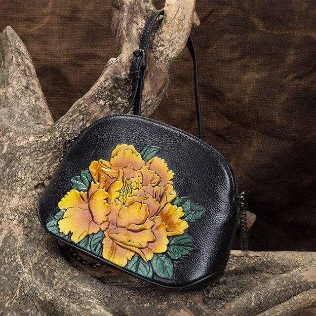 Embossed Flower Leather Crossbody Bag