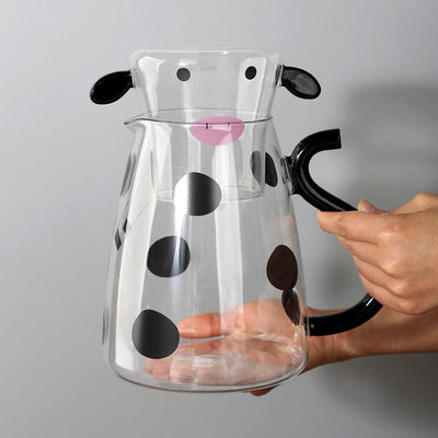 wickedafstore 0 1800ml Transparent Borosilicate Glass Teapot Heat-Resistant Cartoon Cow Shaped Flower Tea Pot and Cup Set Milk Kettle Coffee Pot