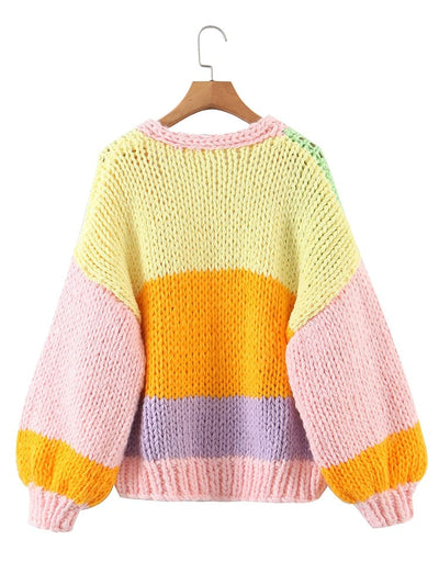 wickedafstore 0 2022 Autumn Sweet Contrast Color Full Lantern Sleeve Plaid Hand Crochet Cardigan Vintage Woman V neck Sweater Knitwear Jumper