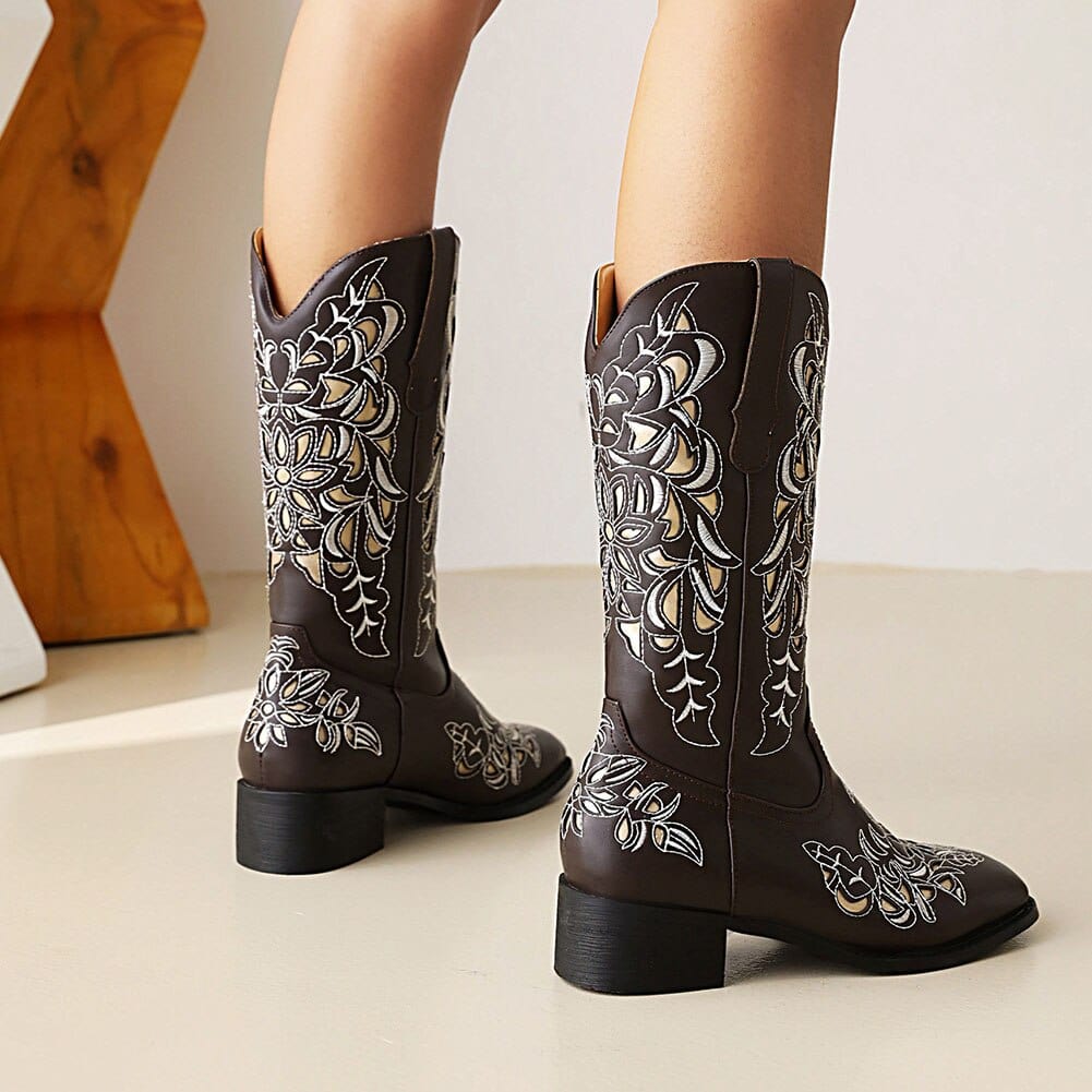 wickedafstore 0 AOSPHIRAYLIAN Vintage Cowboy Western Winter Boots For Women 2022 Sun Flower Embroidery Sewing Floral Women's Retro Woman's Shoes