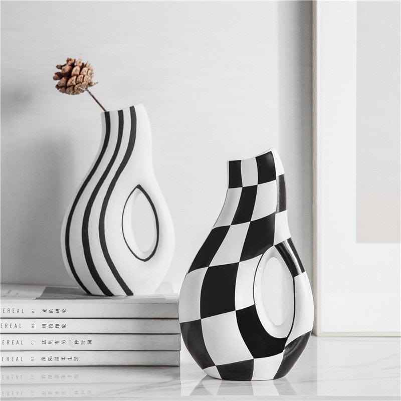 wickedafstore 0 Black and White Plaid Vase Openwork Abstract Geometric Stripes Ceramic Vase Terrarium Glass Vases Pots Modern Home Decoration