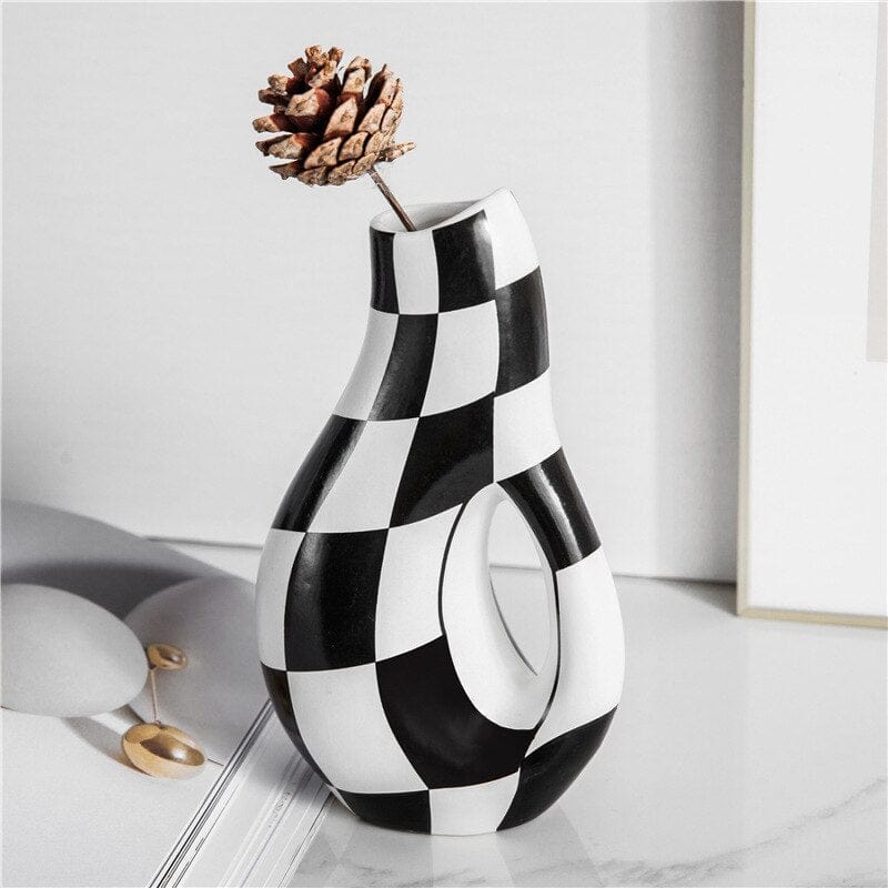 wickedafstore 0 Black and White Plaid Vase Openwork Abstract Geometric Stripes Ceramic Vase Terrarium Glass Vases Pots Modern Home Decoration
