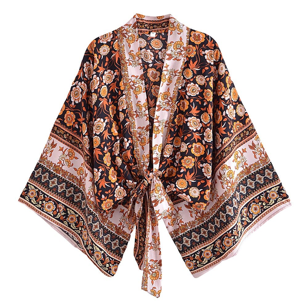 wickedafstore 0 black / S Vintage Boho Kimono Short Robe Swimsuits Women Fashion Floral Batwing Sleeves Rayon Bohemian Bikini Cover Ups Beachwear