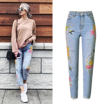 wickedafstore 0 Blue / 34 Floral Embroidered High Waist Jeans