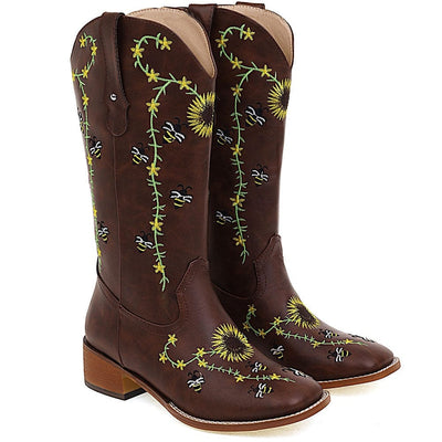 wickedafstore 0 Brown Style 4 / 5 AOSPHIRAYLIAN Vintage Cowboy Western Winter Boots For Women 2022 Sun Flower Embroidery Sewing Floral Women's Retro Woman's Shoes