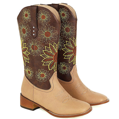 wickedafstore 0 Camel Style 7 / 5 AOSPHIRAYLIAN Vintage Cowboy Western Winter Boots For Women 2022 Sun Flower Embroidery Sewing Floral Women&#39;s Retro Woman&#39;s Shoes