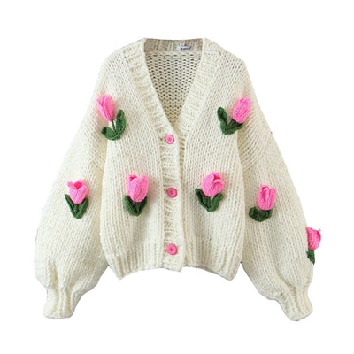 wickedafstore 0 Creamy-white / One Size Embroidered Tulips Knit Cardigan