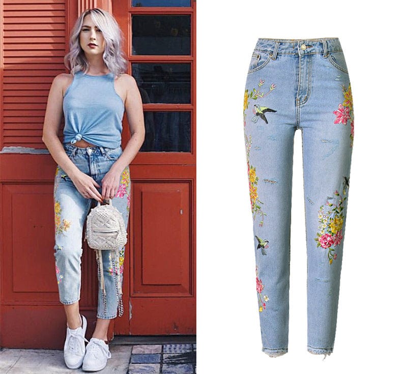 wickedafstore Floral Embroidered High Waist Jeans