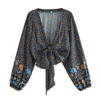 wickedafstore 0 Freya Retro V Neck Bell Sleeve Blouse in Navy