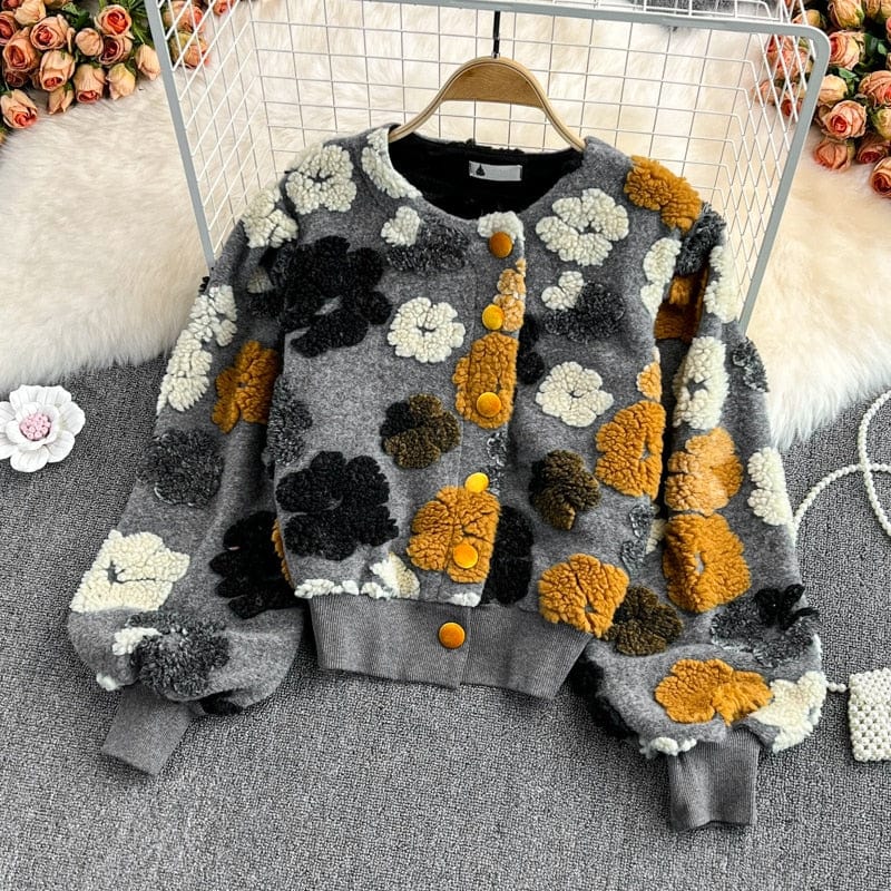 wickedafstore 0 Gray / One Size Flower Tufted Sweater
