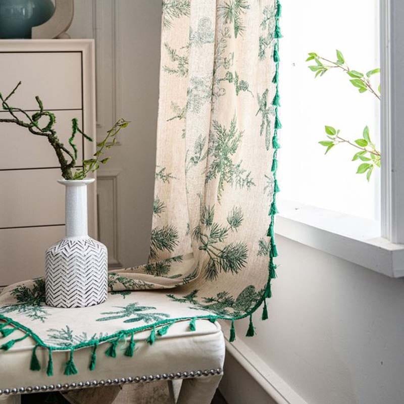 wickedafstore 0 Green Leaves Cotton Linen Curtain for Living Room with Tassel Window Drapes Rod Pockets Door Closet Valance Bedroom Decor 240
