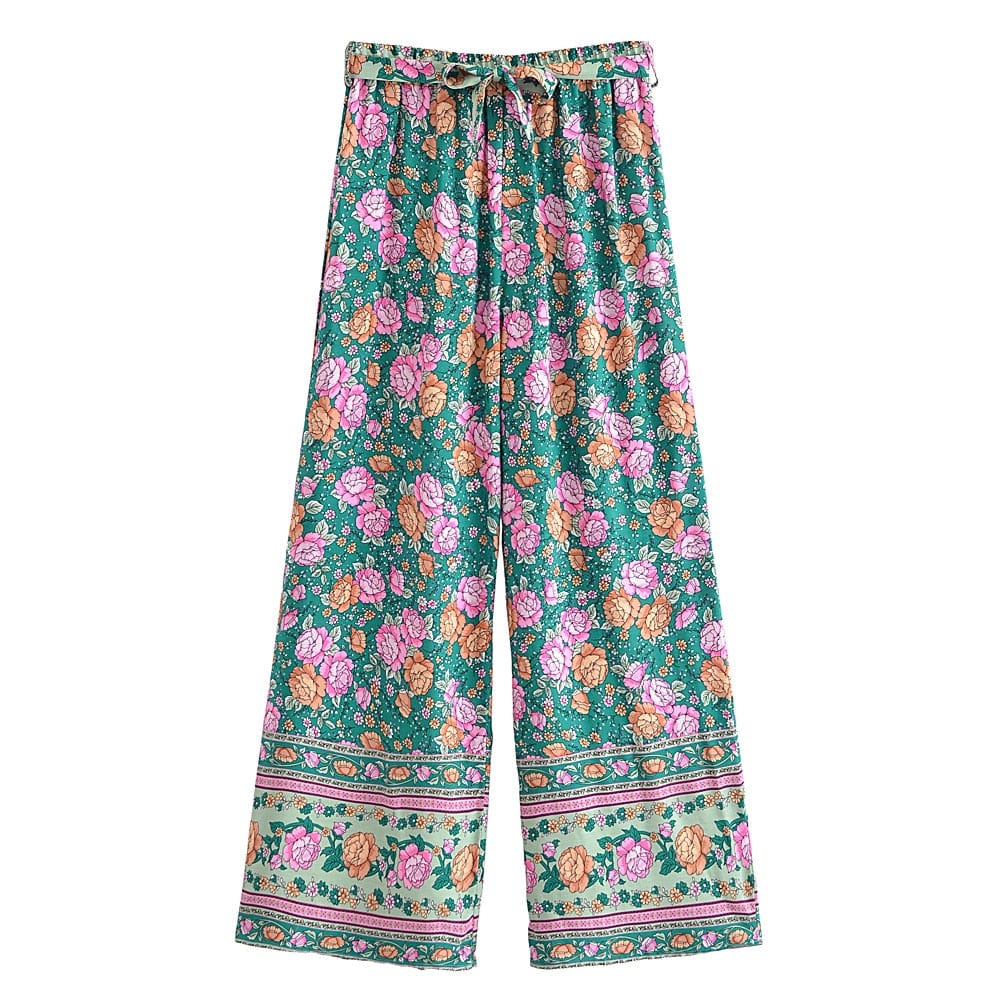 wickedafstore 0 green / S Leora Floral Wide Leg Pants