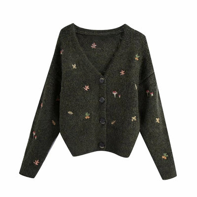 wickedafstore 0 Green / S XNWMNZ women Vintage knit cardigan with embroidery Long sleeves V-neck ribbed trims Cardigan Female Elegant sweater Outerwear