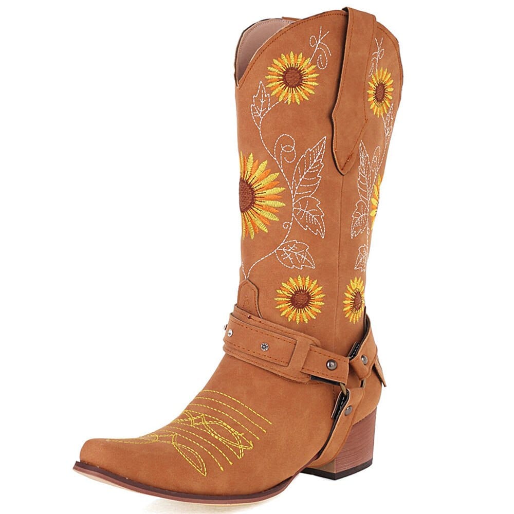 wickedafstore 0 Khaki sun flowers / 5 Embroidered Sunflowers Western Boots