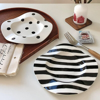 wickedafstore 0 LadyCC Nordic Simple Black and White Breakfast Plate with Wave Dot Stripe Irregular Underglaze Color Ceramic Dessert Plate