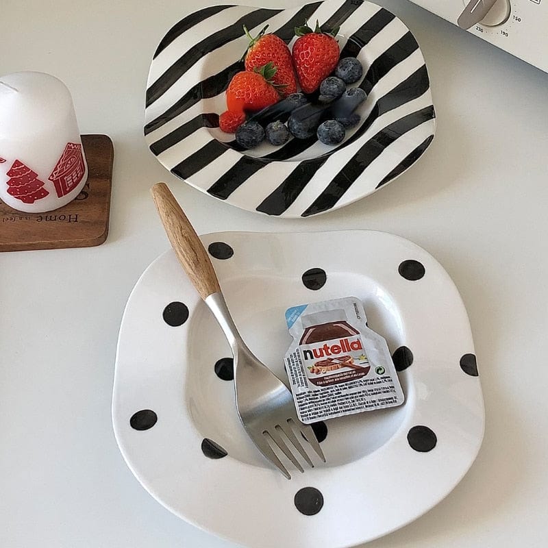 wickedafstore 0 LadyCC Nordic Simple Black and White Breakfast Plate with Wave Dot Stripe Irregular Underglaze Color Ceramic Dessert Plate