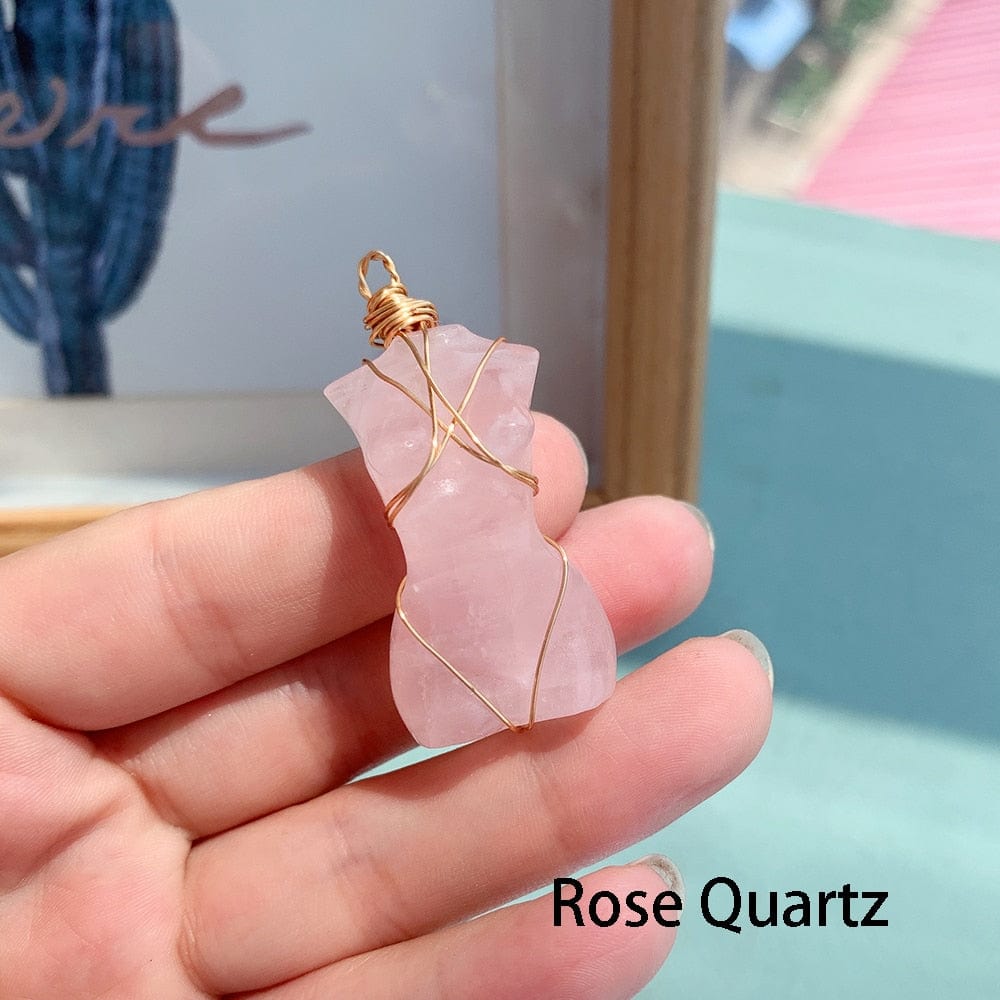 wickedafstore 0 Rose Quartz 1pc Natural Crystal Pendant Women's Body Model Necklace Sexy Gem Jewelry Sweater Chain Energy Rose Quartz Gift