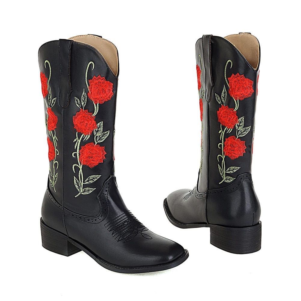 wickedafstore 0 Roses Embroidered Cowboy Boots