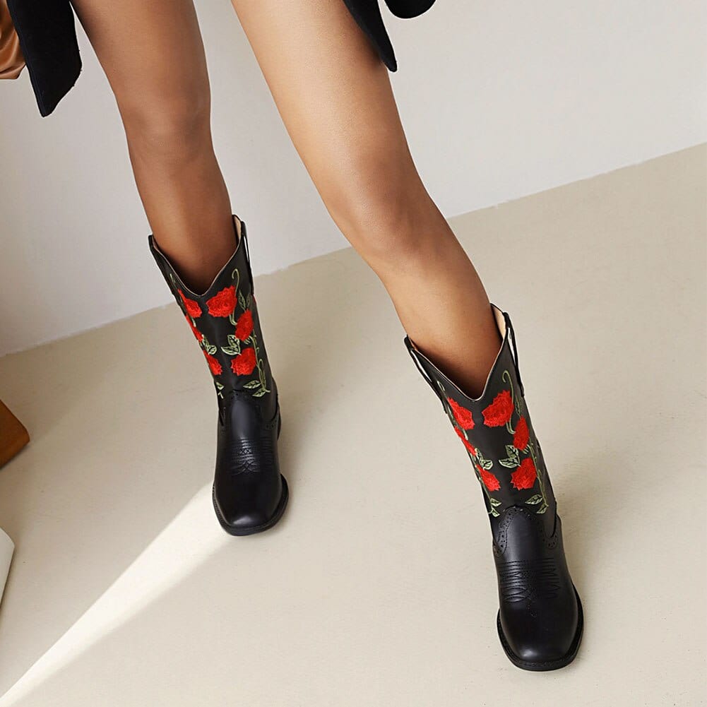 wickedafstore 0 Roses Embroidered Cowboy Boots