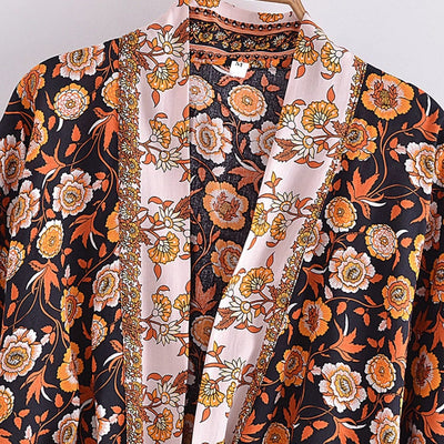 wickedafstore 0 Vintage Boho Kimono Short Robe Swimsuits Women Fashion Floral Batwing Sleeves Rayon Bohemian Bikini Cover Ups Beachwear