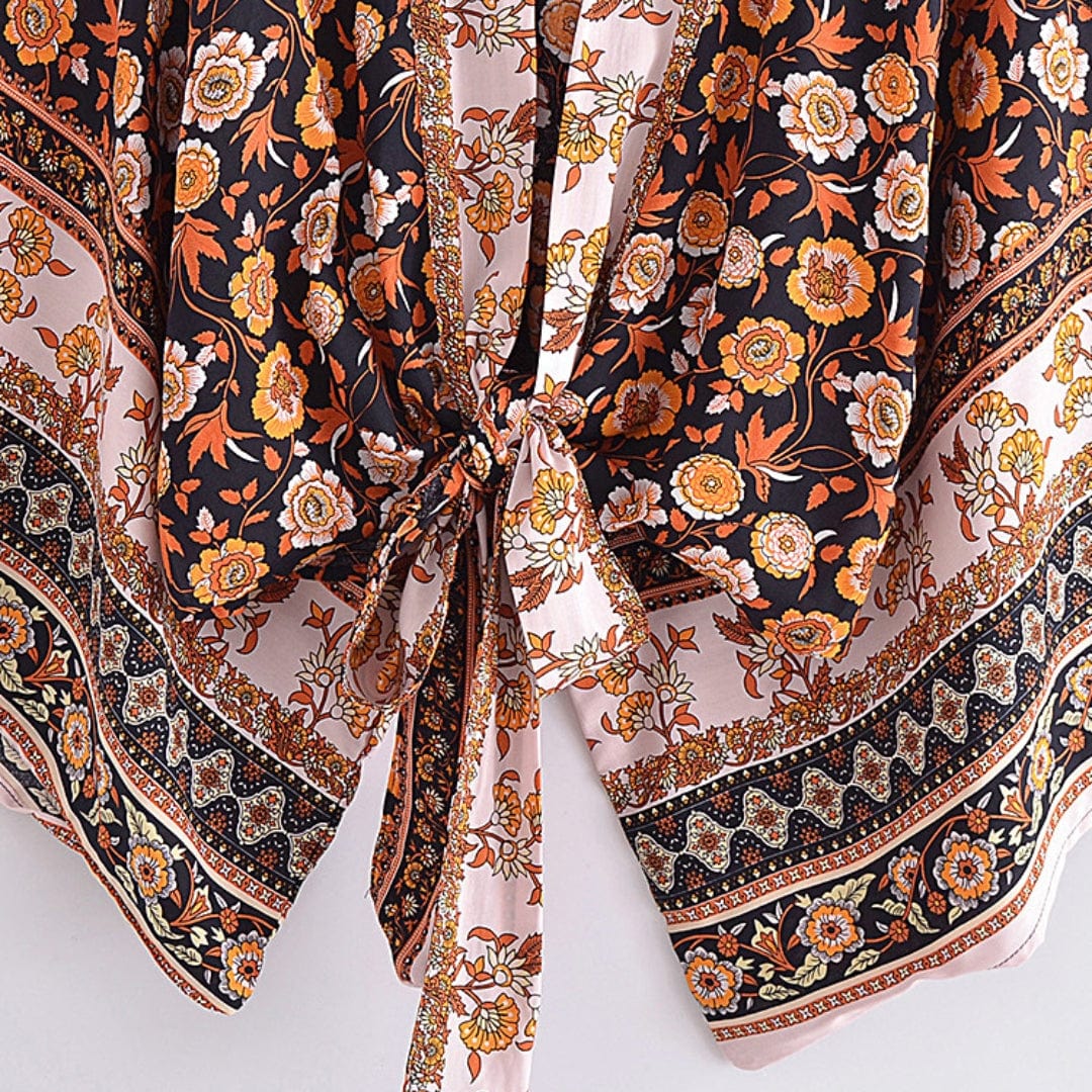 wickedafstore 0 Vintage Boho Kimono Short Robe Swimsuits Women Fashion Floral Batwing Sleeves Rayon Bohemian Bikini Cover Ups Beachwear