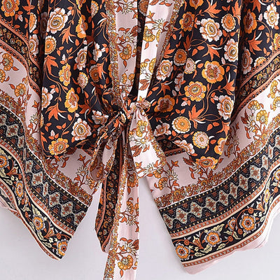 wickedafstore 0 Vintage Boho Kimono Short Robe Swimsuits Women Fashion Floral Batwing Sleeves Rayon Bohemian Bikini Cover Ups Beachwear