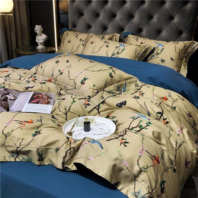 wickedafstore 100% Egyptian Cotton US size Bedding Queen King size 4Pcs Birds and Flowers Leaf Gray Shabby Duvet Cover Bed sheet Pillow shams